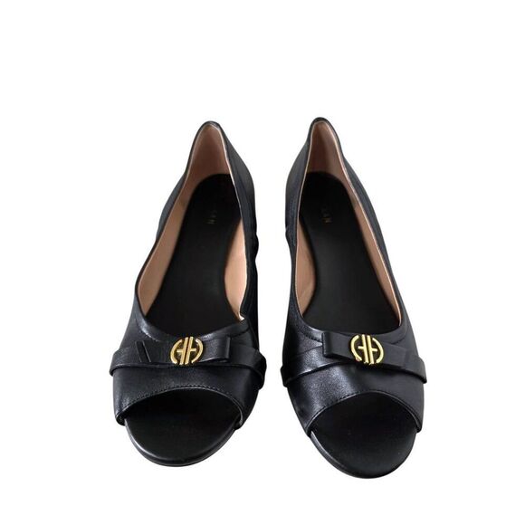 Cole Haan Peep Toe Leather Wedge Size 8.5B Black Logo Padded Footbed - Picture 5 of 8